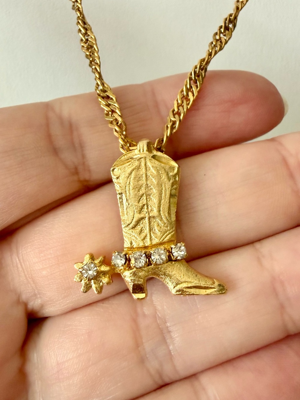 Vintage Gold Anne Klein Crystal Cowboy Boot Pendant Necklace Trifari Chain